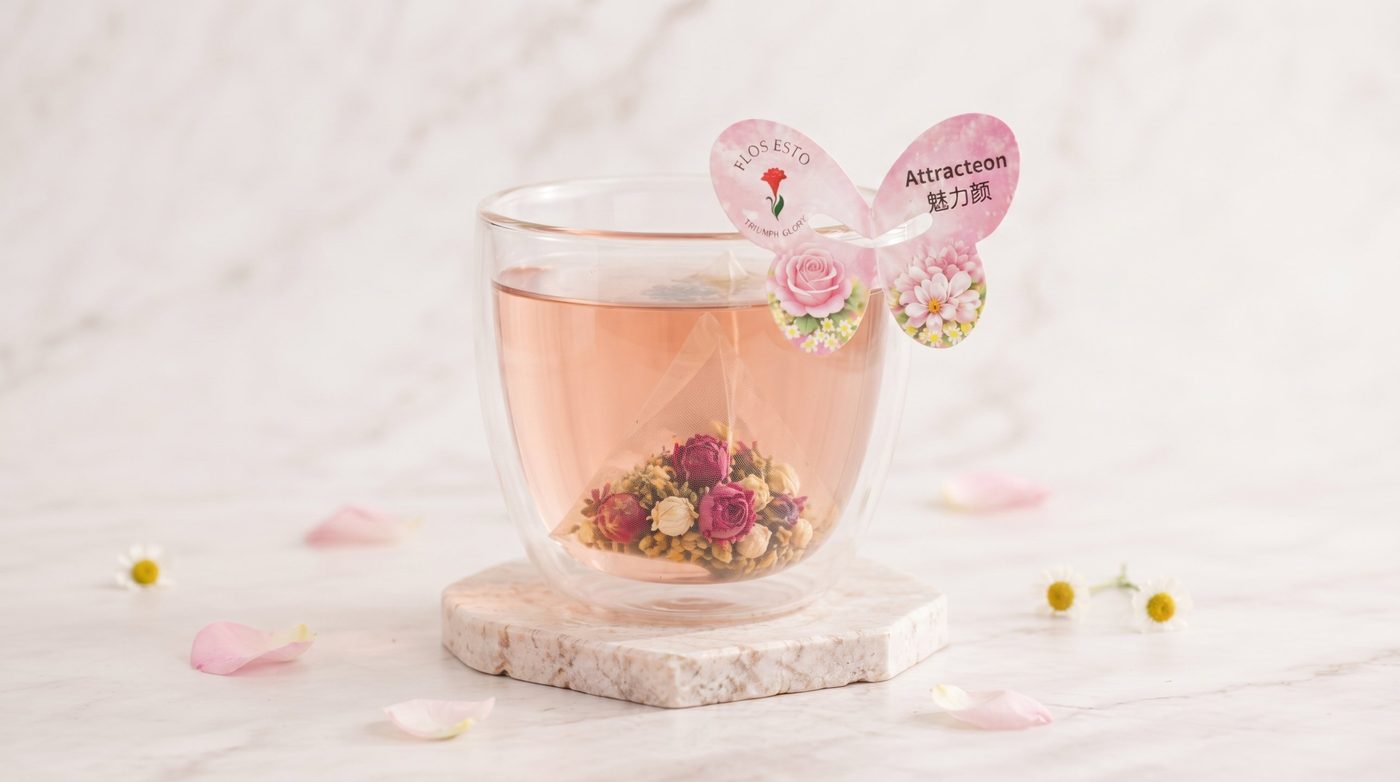 Flos Té Attracteon flower tea in a glass cup