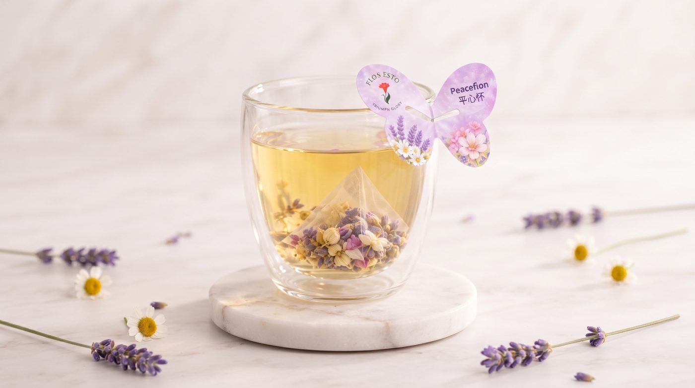Flos Té Peacefion flower tea in a glass cup