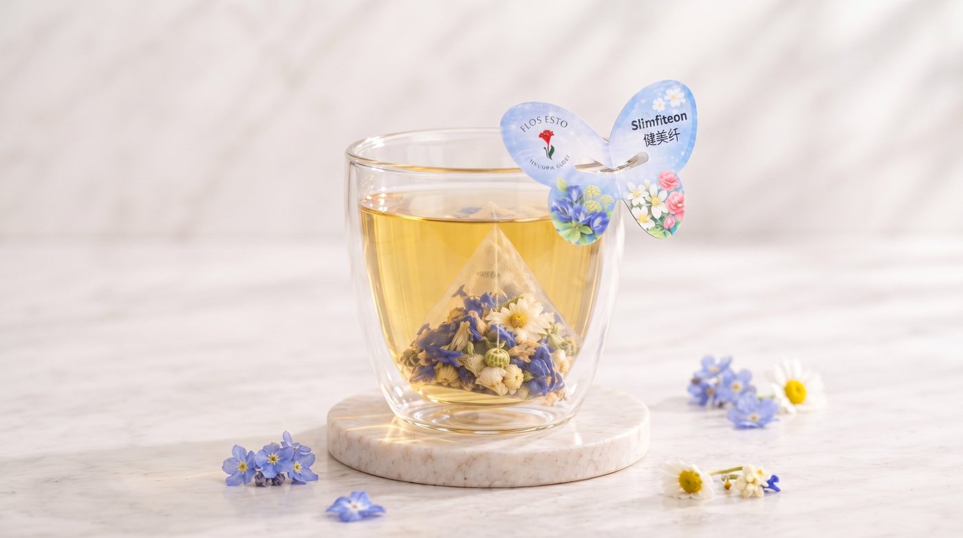Flos Té Slimfiteon flower tea in a glass cup